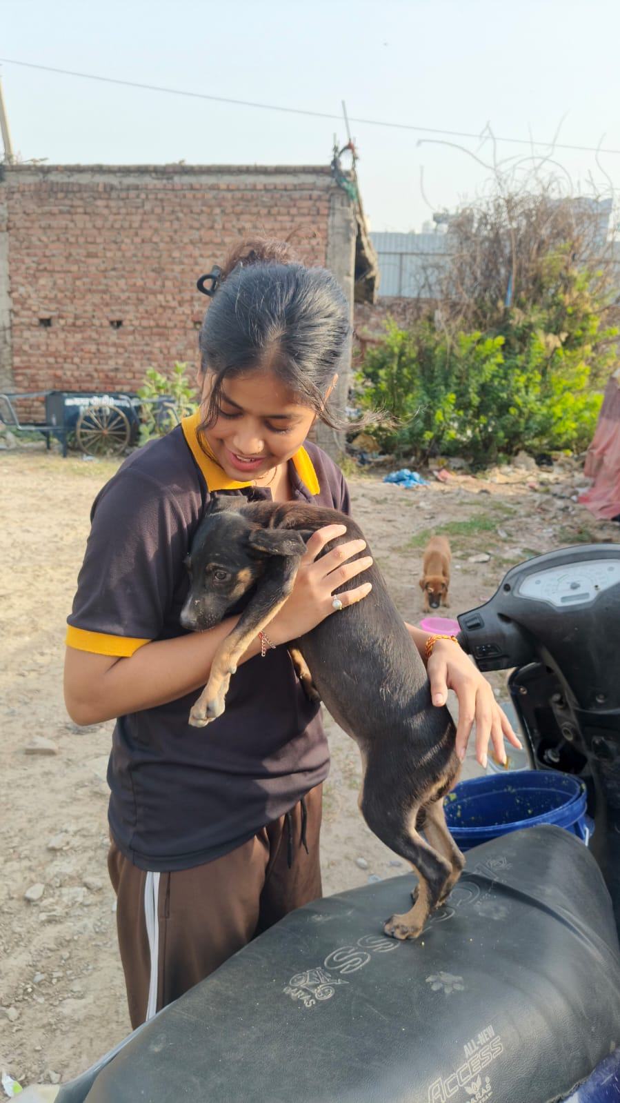 Volunteer holding a puppy
